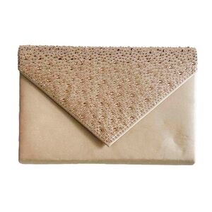 Le Chateau Champagne Light Pink Coral Beige Satin Rhinestone Shiny Clutch Purse